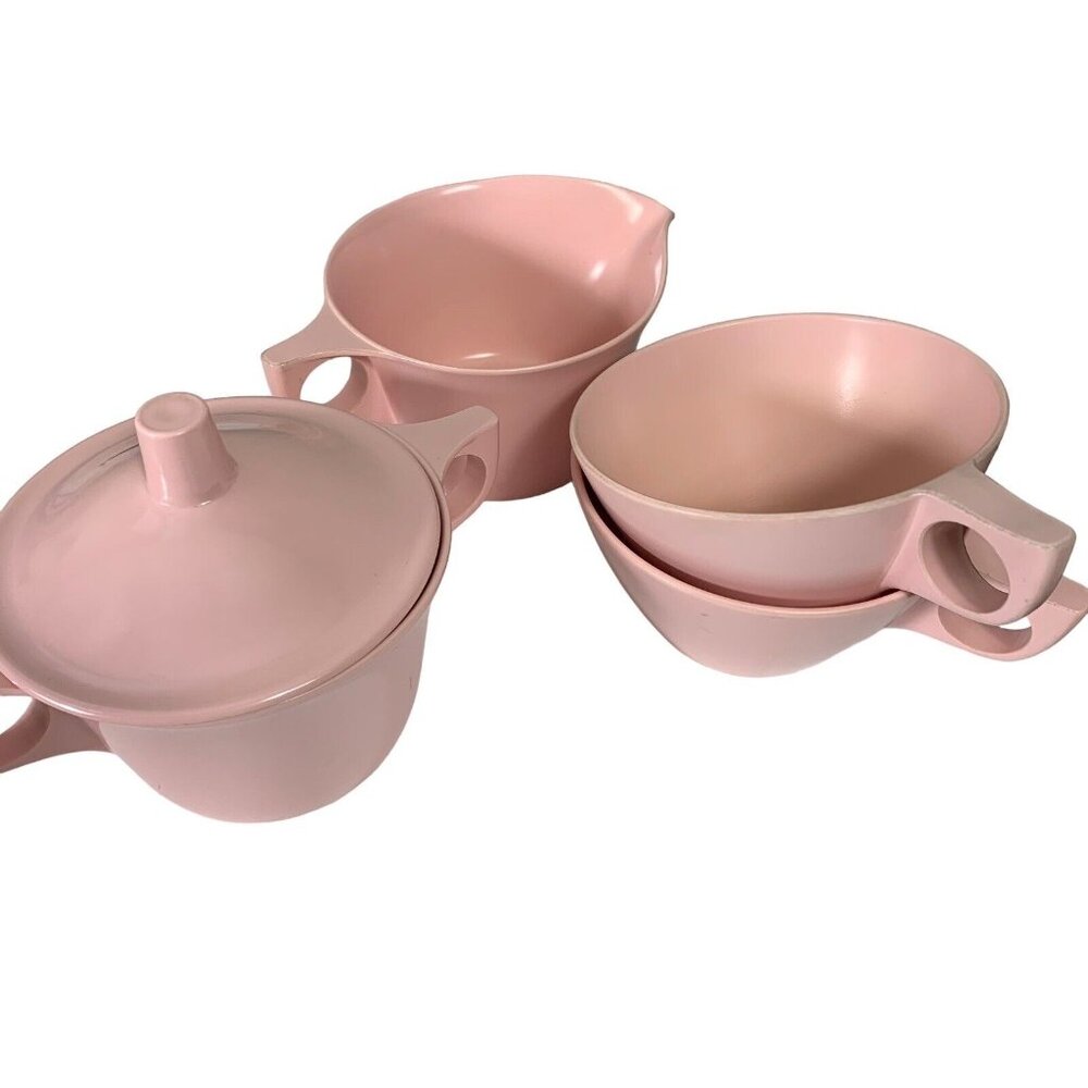 Vintage Melamine Tea Cup Set Texas Ware Sugar Container Lid Creamer Light Pink